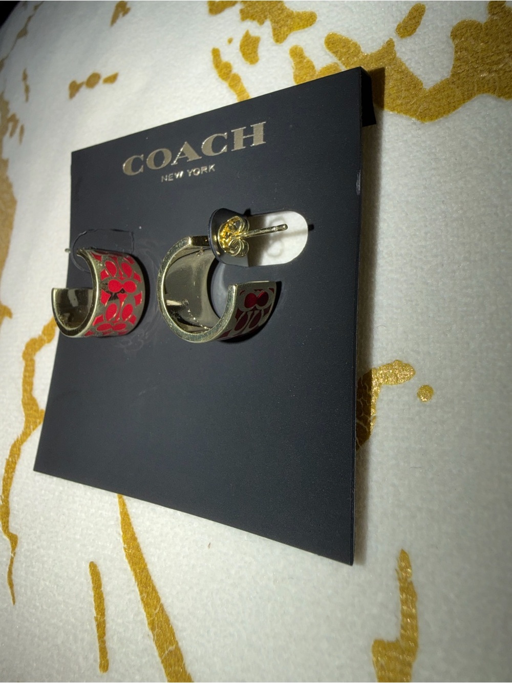 COACH Brass Red Signature Enamel Huggie Earrings - Picture 4 of 7